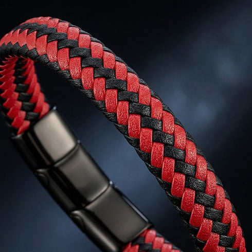 BLOODY MARY Detailaufnahme eines rot schwarzen Lederarmbands für Herren mit geflochtener Struktur und schwarzem Edelstahlverschluss Uniqal