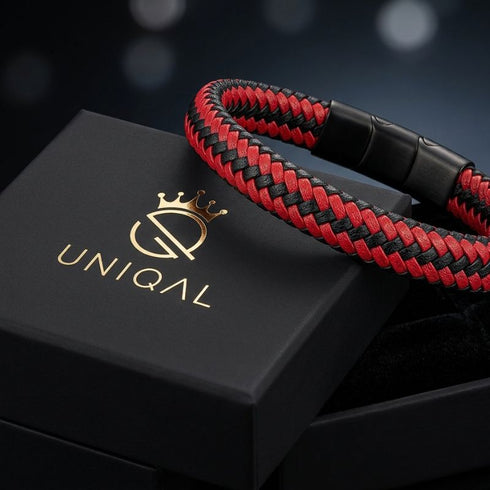 BLOODY MARY Rot schwarzes geflochtenes Lederarmband für Herren mit schwarzem Edelstahlverschluss in Geschenkbox Uniqal