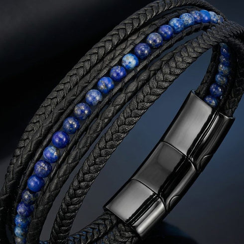 Schwarzes Herren Lederarmband mit blauen Lapislazuli Naturstein Perlen und geflochtenem Leder