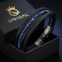 Schwarzes Herren Lederarmband mit blauen Naturstein Perlen und geflochtenem Leder im eleganten Design