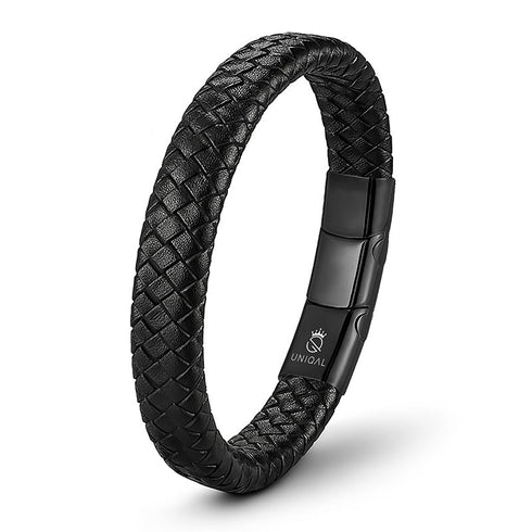 Uniqal DESTINY Herrenarmband schwarz – geflochtenes Echtleder, magnetische Schließe.