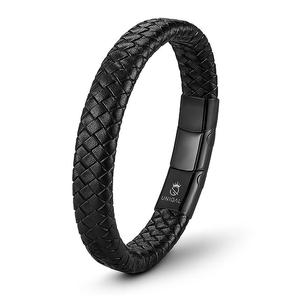 Uniqal DESTINY Herrenarmband schwarz – geflochtenes Echtleder, magnetische Schließe.