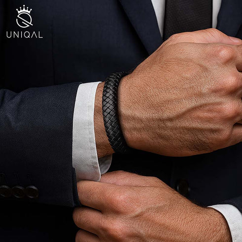 Uniqal DESTINY am Handgelenk – schwarzes Lederarmband zum Anzug, elegant & charakterstark.