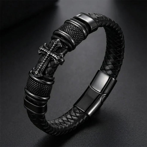 Schwarzes Herren Lederarmband mit massivem Kreuz Design, geflochtenem Leder und schwarzem Edelstahl