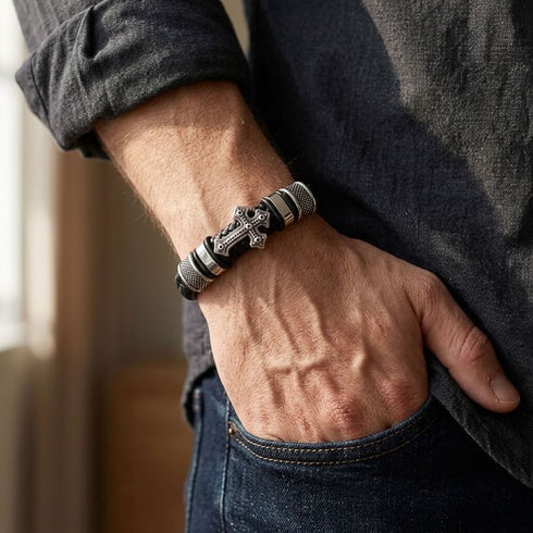 Lederarmband-Herren-Schwarz-Kreuz-Outdoor-Look