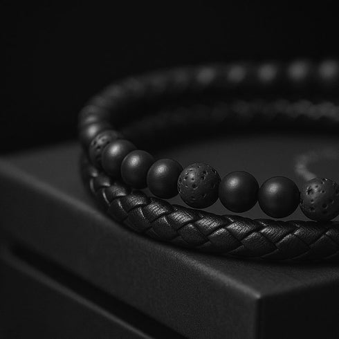 Lederarmband geflochten mit lava steinen gravierbar Uniqal