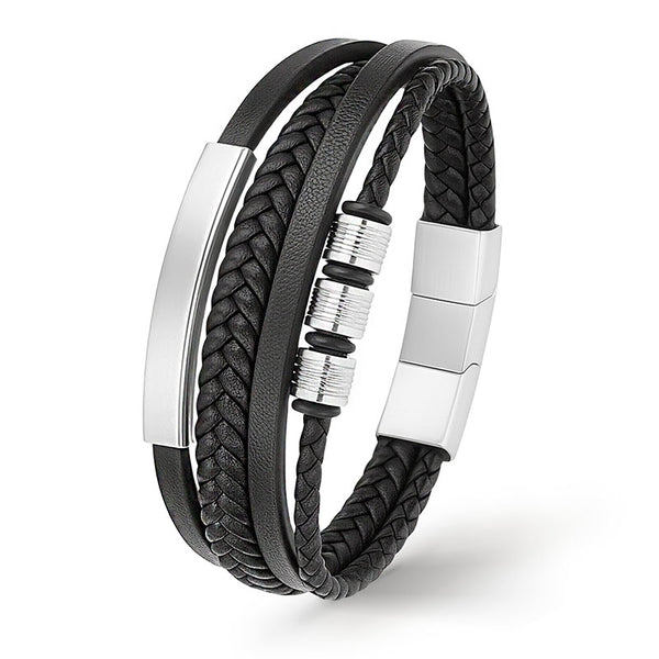 personalisiertes silver lederarmband herren mit gravur uniqal shape bracelet