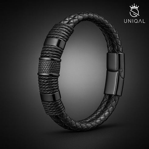 Geflochtenes Lederarmband in Schwarz mit massivem Edelstahlverschluss von Uniqal