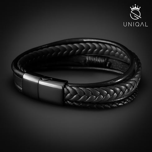 Uniqal schwarzes Lederarmband geflochten Magnetverschluss gravierbar Unisex Schmuck Herren Damen