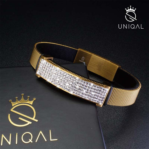 Lederarmband gold mit Zirkonia und edelstahl uniqal