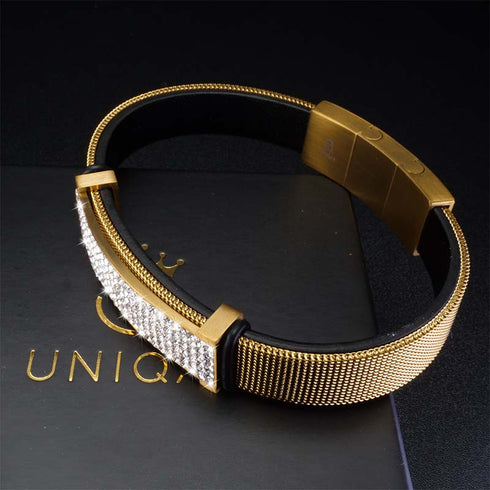 Lederarmband gold mit Zirkonia und edelstahl uniqal