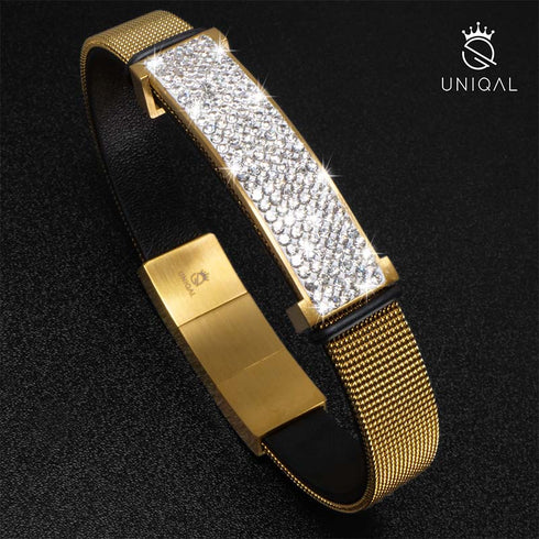 Lederarmband gold mit Zirkonia und edelstahl uniqal