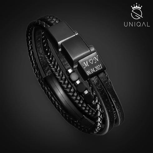 Lederarmband Personalisiert mit Gravur Herren schwarz