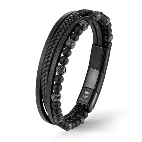 Lavastein lederarmband herren uniqal schwarz