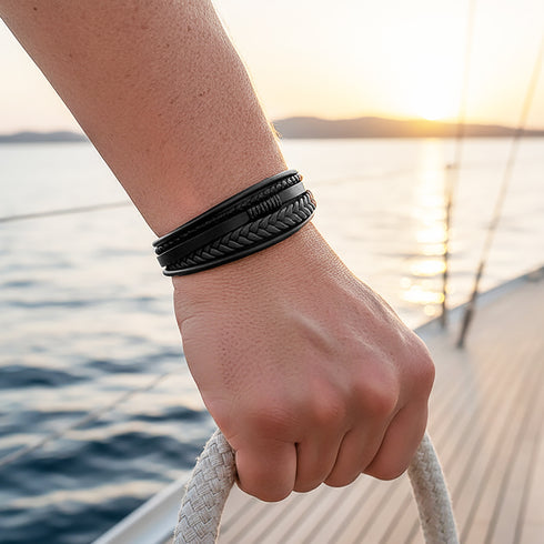 Uniqal schwarzes Lederarmband geflochten mit Seil Detail Unisex Armschmuck stilvolles Geschenk Männer Frauen