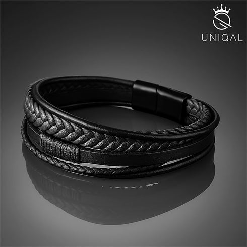 Uniqal Armband Leder schwarz geflochten Magnetverschluss gravierbar Accessoire Geschenkbox