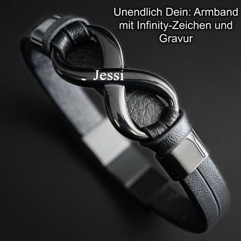 INFINITY BLACK Lederarmband mit Gravur – personalisiertes Unendlichkeitsarmband mit Namen, schwarzes Echtleder, Uniqal