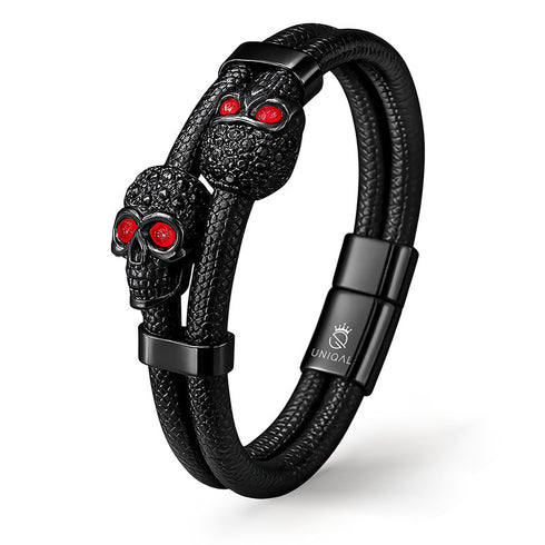 Totenkopf Lederarmband Herren Skull schwarz zirkonia uniqal