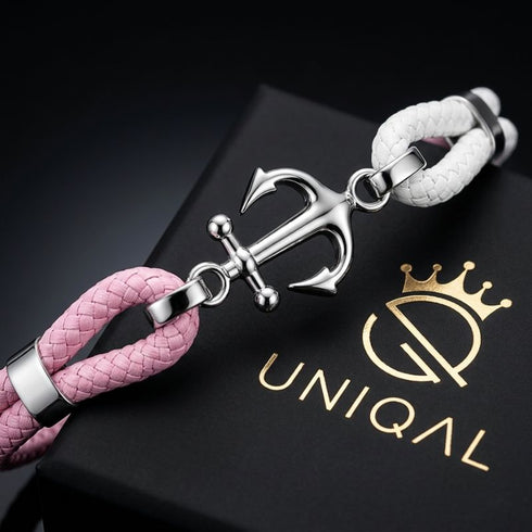 Maritimes Armband mit silberfarbenem Anker Anhänger und geflochtenem rosa weißem Segeltau