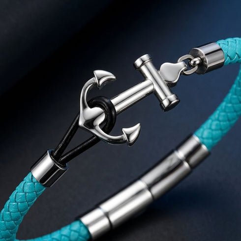 Maritimes Herren Armband mit glänzendem Edelstahl Anker und geflochtenem blauem Segelseil