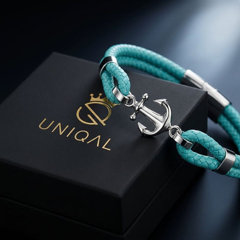 Maritimes Herrenarmband mit silberfarbenem Edelstahl Anker und türkis geflochtenem Segeltau