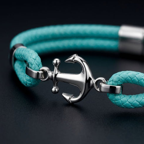 Nautisches Armband für Herren mit Edelstahl Anker Anhänger und modernem türkisfarbenem Segeltau
