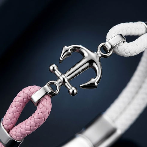 Nautisches Herrenarmband mit Edelstahl Anker Anhänger und elegantem Segeltau in Rosa und Weiß