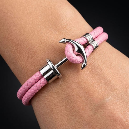 Nautisches Lederarmband für Herren mit silberfarbenem Anker Anhänger und hochwertigem rosa Leder