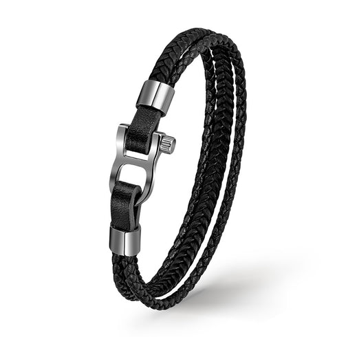 OCEAN SPIRIT Lederarmband Schwarz mit Edelstahl-Schäkel – maritimes Herrenarmband UNIQAL