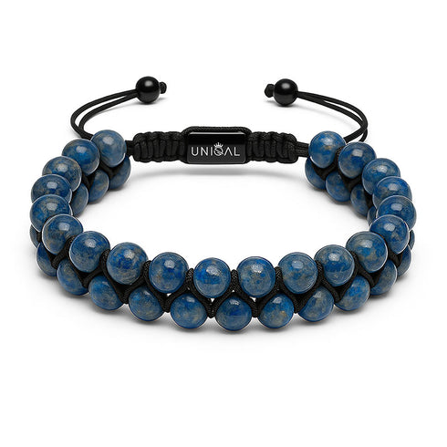 Zweireihiges Lapis Lazuli Natursteinarmband mit 6 mm Edelsteinperlen und verstellbarem Makramee-Verschluss, eleganter Unisex Schmuck mit Gravurdetail