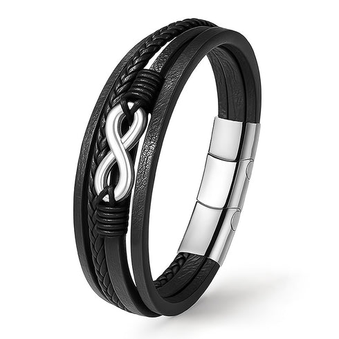 Hochwertiges UNIQAL Armband aus geflochtenem Echtleder mit Infinity Symbol aus Edelstahl – stilvolles Accessoire für Männer und Frauen.