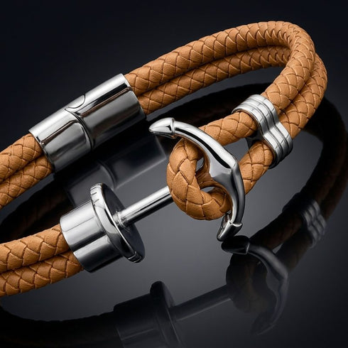 Personalisiertes Herren Ankerarmband mit Gravur Möglichkeit, braunem Leder und Edelstahl Anker