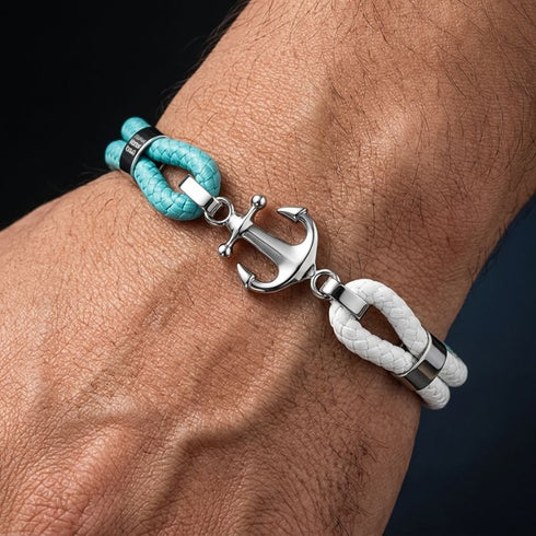 Personalisiertes Herren Ankerarmband mit Gravur Möglichkeit, Edelstahl Anker und türkis weißem Segeltau