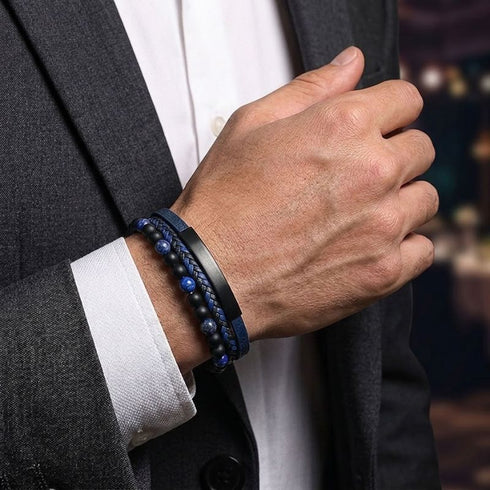 Personalisiertes Herren Lederarmband mit Gravur Möglichkeit, blauen Naturstein Perlen und Edelstahl Element