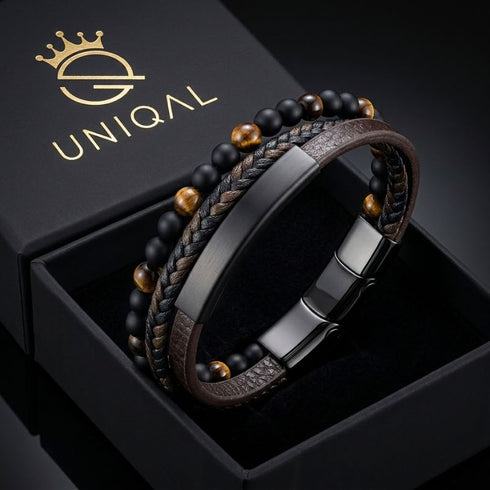 Personalisiertes Herren Lederarmband mit Gravur Möglichkeit, Tigerauge Naturstein Perlen und Premium Design
