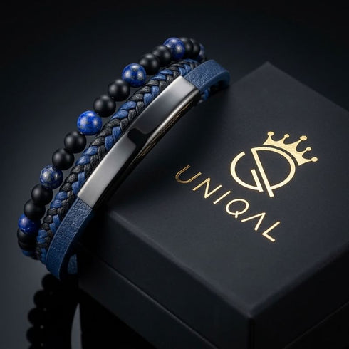 Personalisiertes Herren Lederarmband mit Gravur Möglichkeit und blauen Lapis Lazuli Naturstein Perlen