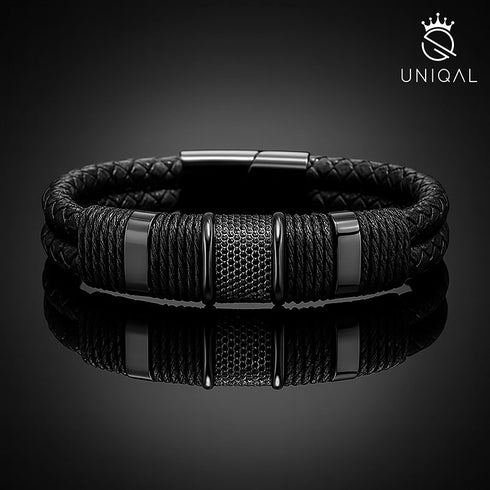 Luxus Armband schwarz Leder und Edelstahl, elegante Premium Edition von Uniqal