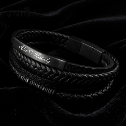 personalisiertes Lederarmband Herren mit gravur schwarz uniqal