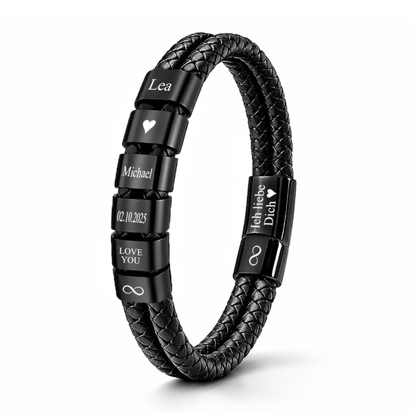 MY CREATION Lederarmband Schwarz mit 10 gravierbaren Ringen – Edelstahl und Rindsleder