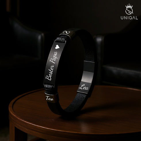 Uniqal BLACK LEGACY Premium Lederarmband Schwarz – mattes Gravurarmband als edles Accessoire für Business, Hochzeit oder Jubiläum, unisex tragbar bester papa infinity