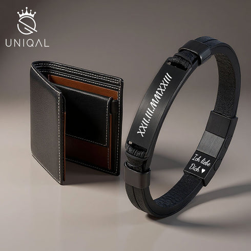 Uniqal BLACK LEGACY Armband mit Gravur – schwarzes Echtleder & Edelstahl, personalisiert mit römischen Zahlen und der Liebesbotschaft 'Ich liebe Dich', ideales Geschenk