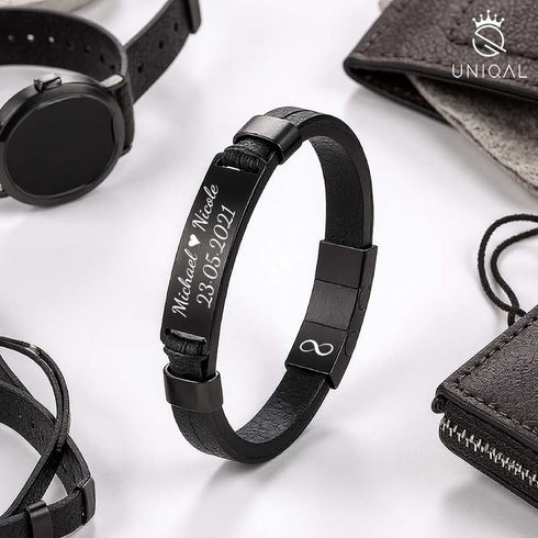 Uniqal BLACK LEGACY Armband mit großer Gravurfläche – minimalistisches Design aus Leder & Edelstahl, ideal für Gravuren, Symbole, Initialen oder Zitate Set für Sie und Ihn Liebe Verbundenheit Herz