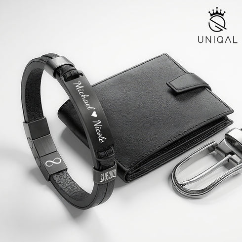 Uniqal BLACK LEGACY Gravurarmband aus schwarzem Echtleder – personalisiertes Unisex Schmuckstück für Paare, Männer & Frauen, Geschenkidee mit Stil personalisieren mit datum botschaft pärchen namen