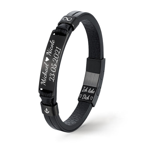 Uniqal BLACK LEGACY Lederarmband Schwarz matt mit Gravurplatte – elegantes Unisex Armband aus Echtleder & Edelstahl, personalisierbar und stilvoll emotionen a