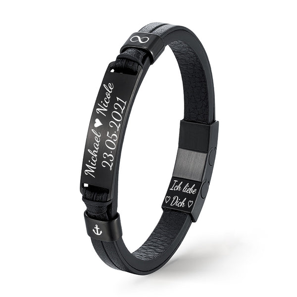 Uniqal BLACK LEGACY Lederarmband Schwarz matt mit Gravurplatte – elegantes Unisex Armband aus Echtleder & Edelstahl, personalisierbar und stilvoll emotionen a