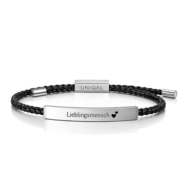 Klassisches silberfarbenes Armband mit Gravur von UNIQAL, fein geflochtenes Seil, zeitloser Unisex Schmuck