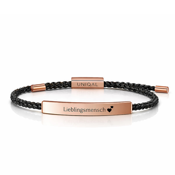 Klassisches Armband mit roségoldfarbener Edelstahlplatte von UNIQAL, fein geflochtenes schwarzes Seil, eleganter Unisex Schmuck