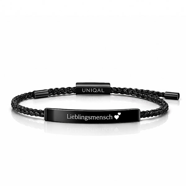 Klassisches schwarzes Armband mit Gravur von UNIQAL aus feinem geflochtenem Seil, unisex Schmuck für Alltag und Geschenk