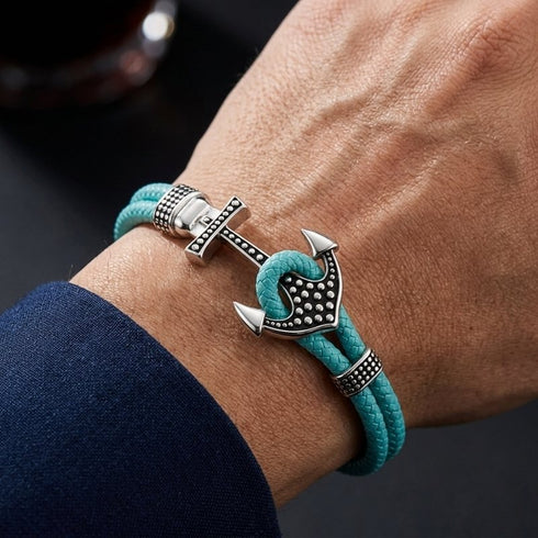 Premium Herrenarmband mit Edelstahl Anker und robustem türkisem Segeltau