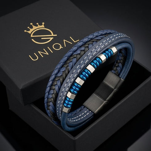 BLUE BRICS Lederarmband Produktfoto – Vier Stränge blau schwarz, Echtleder Uniqal